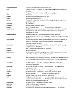 acknowledgments j. pernyataan-pernyataan tanda terima kasih.
acls (American Council of Learned Societies) Dewan Perkumpulan Kesarjanaan
Amerika.
acme kb. puncak. the a, of success puncak kesuksesan/kejayaan.
acne kb. jerawat.
acolyte kb. pembantu pendeta pada upacara misa.
acorn kb. buah atau biji pohon ek.
acoustic ks. akustik. a. phonetics fonetika akustik. a. tile genteng menyerap bunyi,
genteng akustik.
acoustical ks.'= ACOUSTIC.
acoustics kb. ilmu suara, ilmu bunyi akustik.
acquaint kkt. 1 memperkenalkan 2 mempelajari, mengetahui.
acquaintance kb. 1 kenalan. We are acquaintances Kami kenalan. Kami talah berkenalan.
2 pengetahuan, tahu. I have some a. with chemistry Saya mengetahui
sedikit tentang kimia.
acquaintanceship kb. 1 perkenalan. an a. of long standing perkenalan yang lama. 2
pengetahuan. an a. whith several languages pengetahuan dengan beberapa
bahasa.
acquiescence kb. persetujuan tanpa protes/dgn diam-diam. Our a. in their plan made us
guilty too Persetujuan kita tanpa protes terhadap rencana mereka
membuat kita ikut bersalah.
acquiescent ks. yang menyetujui diam-diam. She has an a. nature Dia adalah seorang
yang menyetujui diam-diam.
acquire kkt. 1 memperoleh, mendapatkan. 2 belajar.
acquired ks. yang diperoleh.
acquirement kb. kecakapan, kepandaian yang diperoleh. His language acquirements are
astounding Kecakapan bahasanya mengagumkan.
acquisce khi. menyetujui tanpa bantahan, setuju dgn bersikap diam. We were forced
to a. in their plan Kita terpaksa menyetujui rencana mereka tanpa protes.
acquisition kb. 1 kemahiran. 2 tambahan, pendapatan. 3 tambahan buku-buku. 4
perolehan, penerimaan
acquisitive ks. 1 tamak, serakah. He is very a. Ia tamak sekali. 2 keras/gigih untuk
memperoleh s.s.t.
acquit kkt. (acquitted) membebaskan. 2 bertingkahlaku.
acquittal kb. 1 pembebasan. 2 pelunasan. a. of a debt pelunasan utang.
acre kb. ukuran tanah ('=4840 yar persegi: 0.4646 ha).
acreage kb. luas ukuran atau jumlah luas tanah dalam acre.
acrid ks. 1 tajam.a.odor bau tajam. 2 pedas, sengit, tajam. a. remarks
ucapan-ucapan yang pedas. 3 menjengkelkan, mendongkolkankan.a.
manner kelakuan yang mendongkolkan.
acrimonious ks. sengit, tajam. a. debate percekcokan sengit.
acrimony kb. (j. -nies) kesengitan. ketajaman.
acrobat kb. akrobat, penambul.
acrobatic kb. acrobatics j. bermain senam, kemahiran bertambul. --ks. akrobatis.
 