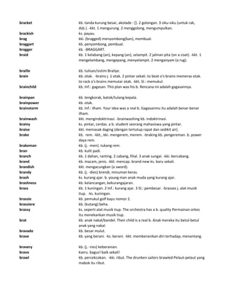 bracket kb. tanda kurung besar, akolade : []. 2 golongan. 3 siku-siku (untuk rak,
dsb.). -kkt. 1 mengurung. 2 menggolong, mengumpulkan.
brackish ks. payau.
brag kki. (bragged) menyombong(kan), membual.
braggart kb. penyombong, pembual.
bragger kb. -BRAGGART.
braid kb. 1 kelabang (an), kepang (an), selampit. 2 jalinan pita (on a coat). -kkt. 1
mengelambang, mengepang, menyelampit. 2 menganyam (a rug).
braille kb. tulisan/sistim Brailye.
brain kb. otak. -brains j. 1 otak. 2 pintar sekali. to beat o's brains memeras otak.
to rack o's brains memutar otak. -kkt. Sl.: memukul.
brainchild kb. Inf.: gagasan. This plan was his b. Rencana ini adalah gagasannya.
brainpan kb. tengkorak, batok/tulang kepala.
brainpower kb. otak.
brainstorm kb. Inf.: ilham. Your idea was a real b. Gagasanmu itu adalah benar-benar
ilham.
brainwash kkt. mengindoktrinasi. -brainwashing kb. indoktrinasi.
brainy ks. pintar, cerdas. a b. student seorang mahasiswa yang pintar.
braise kkt. memasak daging (dengan tertutup rapat dan sedikit air).
brake kb. rem. -kkt., kki. mengerem, merem. -braking kb. pengereman. b. power
daya rem.
brakeman kb. (j. -men). tukang rem.
bran kb. kulit padi.
branch kb. 1 dahan, ranting. 2 cabang, filial. 3 anak sungai. -kki. bercabang.
brand kb. macam, jenis. -kkt. mencap. brand-new ks. baru sekali.
brandish kkt. mengacungkan (a sword).
brandy kb. (j. -dies) brendi, minuman keras.
brash ks. kurang ajar. b. young man anak muda yang kurang ajar.
brashness kb. kelancangan, kekurangajaran.
brass kb. 1 kuningan. 2 Inf.: kurang ajar. 3 Sl.: pembesar. -brasses j. alat musik
tiup. -ks. kuningan.
brassie kb. pemukul golf kayu nomor 2.
brassiere kb. (kutang) beha.
brassy ks. seperti alat musik tiup. The orchestra has a b. quality Permainan orkes
itu menekankan musik tiup.
brat kb. anak nakal/bandel. Their child is a real b. Anak mereka itu betul-betul
anak yang nakal.
bravado kb. besar mulut.
brave kb. yang berani. -ks. berani. -kkt. memberanikan diri terhadap, menantang.
bravery kb. (j. -ries) keberanian.
bravo kseru. bagus! baik sekali!
brawl kb. percekcokan. -kki. ribut. The drunken sailors brawled Pelaut-pelaut yang
mabok itu ribut.
 