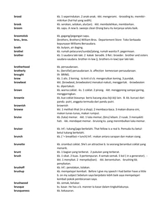 brood kb. 1 seperindukan. 2 anak-anak. -kkt. mengerami. -brooding ks. memikir-
mikirkan (hal-hal yang sedih).
brook kb. serokan, selokan, alur(an). -kkt. membolehkan, membiarkan.
broom kb. sapu. A new b. sweeps clean Orang baru itu kerjanya selalu baik.
broomstick kb. gagang/pegangan sapu.
bros., bros. (brothers, Brothers) William Bros. Departement Store Toko Serbaada
kepunyaan Williams Bersaudara.
broth kb. bulyon, air daging.
brothel kb. rumah pelacuran/sundal/jalang, rumah wanita P. pegermoan.
brother kb. 1 saudara laki-laki. 2 kakak beradik. 3 Rel.: broeder. brother and sisters
saudara-saudara. brother-in-law (j. brothers-in-law) ipar laki-laki.
brotherhood kb. persaudaraan.
brotherly ks. (bersifat) persaudaraan. b. affection kemesraan persaudaraan.
brought lih BRING.
brow kb. 1 alis. 2 kening. to knit o's b. mengerutkan kening. 3 pundak.
browbeat kkt. (browbeat, browbeaten) menakut-nakuti, menggertak. -browbeaten
ks. dipertakuti.
brown kb. warna coklat. -ks. 1 coklat. 2 pirang. -kkt. menggoreng sampai garing,
menggaringkan.
brownie kb. kue coklat biasanya berisi kacang atau biji-biji lain. B. kb. kurcaci dari
pandu putri, anggota termuda dari pandu putri.
brownish brownish
browse kki. 1 melihat-lihat (in a shop). 2 membaca-baca. 3 makan disana-sini,
makan tunas-tunas, makan rumput.
bruise kb. (luka) memar. -kkt. 1 luka memar, (biru) lebam. 2 rusak. 3 menyakiti
hati. -kki. mendapat memar. -bruising ks. yang menimbulkan luka memar.
bruiser kb. Inf.: tukang/jago berkelahi. That fellow is a real b. Pemuda itu betul-
betul tukang berkelahi.
brunch kb. ( '= breakfast + lunch) Inf.: makan antara sarapan dan makan siang.
brunette kb. sirambut coklat. She's an attractive b. Ia seorang berambut coklat yang
menarik.
brunt kb. 1 bagian yang terberat. 2 pukulan yang terberat.
brush kb. 1 sikat. 2 kuas. 3 pertempuran. 4 semak-semak. 5 kol ( in a generator). -
kkt. 1 menyikat. 2 menyeka(kan). -kki. bersentuhan. -brushing kb.
penyikatan.
brushoff kb. Inf.: penolakan, tolakan.
brushup kb. mempelajari kembali. Before I give my speech I had better have a little
b. on my subject Sebelum saya berpidato lebih baik saya mempelajari
kembali pokok pembicaraan saya.
brushwood kb. semak, belukar.
brusque ks. kasar. He has a b. manner Ia kasar dalam tingkahlakunya.
brusqueness kb. kekasaran.
 