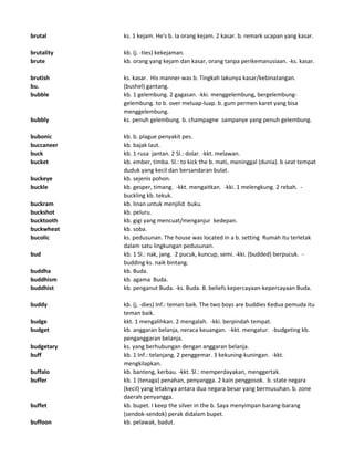 brutal ks. 1 kejam. He's b. Ia orang kejam. 2 kasar. b. remark ucapan yang kasar.
brutality kb. (j. -ties) kekejaman.
brute kb. orang yang kejam dan kasar, orang tanpa perikemanusiaan. -ks. kasar.
brutish ks. kasar. His manner was b. Tingkah lakunya kasar/kebinatangan.
bu. (bushel) gantang.
bubble kb. 1 gelembung. 2 gagasan. -kki. menggelembung, bergelembung-
gelembung. to b. over meluap-luap. b. gum permen karet yang bisa
menggelembung.
bubbly ks. penuh gelembung. b. champagne sampanye yang penuh gelembung.
bubonic kb. b. plague penyakit pes.
buccaneer kb. bajak laut.
buck kb. 1 rusa jantan. 2 Sl.: dolar. -kkt. melawan.
bucket kb. ember, timba. Sl.: to kick the b. mati, meninggal (dunia). b seat tempat
duduk yang kecil dan bersandaran bulat.
buckeye kb. sejenis pohon.
buckle kb. gesper, timang. -kkt. mengaitkan. -kki. 1 melengkung. 2 rebah. -
buckling kb. tekuk.
buckram kb. linan untuk menjilid buku.
buckshot kb. peluru.
bucktooth kb. gigi yang mencuat/menganjur kedepan.
buckwheat kb. soba.
bucolic ks. pedusunan. The house was located in a b. setting Rumah itu terletak
dalam satu lingkungan pedusunan.
bud kb. 1 Sl.: nak, jang. 2 pucuk, kuncup, semi. -kki. (budded) berpucuk. -
budding ks. naik bintang.
buddha kb. Buda.
buddhism kb. agama Buda.
buddhist kb. penganut Buda. -ks. Buda. B. beliefs kepercayaan-kepercayaan Buda.
buddy kb. (j. -dies) Inf.: teman baik. The two boys are buddies Kedua pemuda itu
teman baik.
budge kkt. 1 mengalihkan. 2 mengalah. -kki. berpindah tempat.
budget kb. anggaran belanja, neraca keuangan. -kkt. mengatur. -budgeting kb.
penganggaran belanja.
budgetary ks. yang berhubungan dengan anggaran belanja.
buff kb. 1 Inf.: telanjang. 2 penggemar. 3 kekuning-kuningan. -kkt.
mengkilapkan.
buffalo kb. banteng, kerbau. -kkt. Sl.: memperdayakan, menggertak.
buffer kb. 1 (tenaga) penahan, penyangga. 2 kain penggosok. b. state negara
(kecil) yang letaknya antara dua negara besar yang bermusuhan. b. zone
daerah penyangga.
buffet kb. bupet. I keep the silver in the b. Saya menyimpan barang-barang
(sendok-sendok) perak didalam bupet.
buffoon kb. pelawak, badut.
 