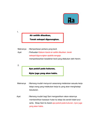 Aa
1.
             Air setitik dilautkan,

             Tanah sekepal digunungkan.




 Maknanya   : Memperbesar perkara yang kecil.
 Ayat       : Perbuatan Kalsom ibarat air setitik dilautkan, tanah
             sekepal digunungkan apabila sengaja
             memperbesarkan kesalahan kecil yang dilakukan oleh Hanim.


 2.
            Apa peduli pada kukuran,

            Nyiur juga yang akan habis.




Maknanya    : Memang mudah menyuruh seseorang melakukan sesuatu kerja
             tetapi orang yang melakukan kerja itu yang akan menghadapi
             kesukaran.


Ayat        : Memang mudah bagi Sani mengarahkan rakan-rakannya
             membersihkan kawasan hutan itu tetapi dia sendiri tidak turut
             serta. Sikap Sani itu ibarat apa peduli pada kukuran, nyiur juga
             yang akan habis.
 