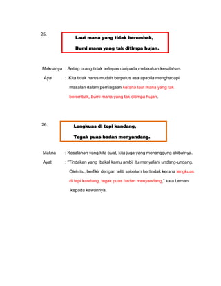 25.
                Laut mana yang tidak berombak,

                Bumi mana yang tak ditimpa hujan.



Maknanya : Setiap orang tidak terlepas daripada melakukan kesalahan.

 Ayat      : Kita tidak harus mudah berputus asa apabila menghadapi

             masalah dalam perniagaan kerana laut mana yang tak

             berombak, bumi mana yang tak ditimpa hujan.




26.            Lengkuas di tepi kandang,

               Tegak puas badan menyandang.


 Makna     : Kesalahan yang kita buat, kita juga yang menanggung akibatnya.

 Ayat      : “Tindakan yang bakal kamu ambil itu menyalahi undang-undang.

             Oleh itu, berfikir dengan teliti sebelum bertindak kerana lengkuas

             di tepi kandang, tegak puas badan menyandang,” kata Leman

             kepada kawannya.
 