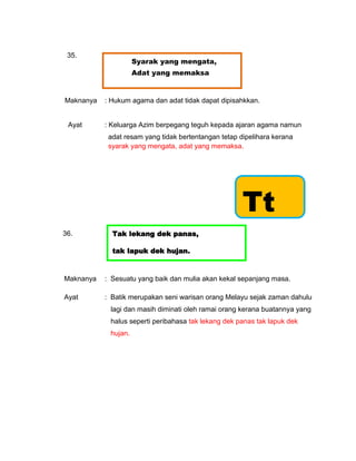 35.
                   Syarak yang mengata,
                   Adat yang memaksa


Maknanya   : Hukum agama dan adat tidak dapat dipisahkkan.

                     Sama-sama ikut
 Ayat               bertanggungjawab.
           : Keluarga Azim berpegang teguh kepada ajaran agama namun
            adat resam yang tidak bertentangan tetap dipelihara kerana
            syarak yang mengata, adat yang memaksa.




                                                      Tt
36.          Tak lekang dek panas,

             tak lapuk dek hujan.


Maknanya   : Sesuatu yang baik dan mulia akan kekal sepanjang masa.

Ayat       : Batik merupakan seni warisan orang Melayu sejak zaman dahulu
            lagi dan masih diminati oleh ramai orang kerana buatannya yang
                     Sama-sama ikut
            halus seperti peribahasa tak lekang dek panas tak lapuk dek
                    bertanggungjawab.
            hujan.
 
