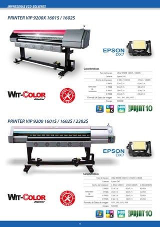 Cabezal
Ancho de Impresion
4 PASS
3 PASS
6 PASS
8 PASS
Energia
Velocidad
de
Impresion
31m2 / h
16m2 / h
1.55m / 1601S 1.55m / 1602S
Ultra 9200X 1601S / 1602S
Epson DX7
21m2 / h
12m2 / h
62m2 / h
32m2 / h
42m2 / h
24m2 / h
TIFF, JPG, EPS, PDF
5000W
Tipo de Equipo
Formato de Datos de imagen
Caracteristicas
Cabezal
Ancho de Impresion
4 PASS
6 PASS
8 PASS
Energia
Velocidad
de
Impresion
21㎡ / h
13㎡ / h
1.55m/ 1601S
Ultra 9200X 1601S / 1602S / 2302S
Epson DX7
16㎡ / h
42㎡ / h
26㎡ / h
1.55m/1602S
32㎡ / h
62㎡/h
32㎡/h
2.20m/2302S
42㎡/h
8 km / h 16㎡ / h 24㎡/h
TIFF, JPG, EPS, PDF
5000W
Tipo de Equipo
3 PASS
Formato de Datos de imagen
Caracteristicas
PRINTER VIP 9200X 1601S / 1602S
PRINTER VIP 9200 1601S / 1602S / 2302S
IMPRESORAS ECO-SOLVENTE
4
1200
dpi
 