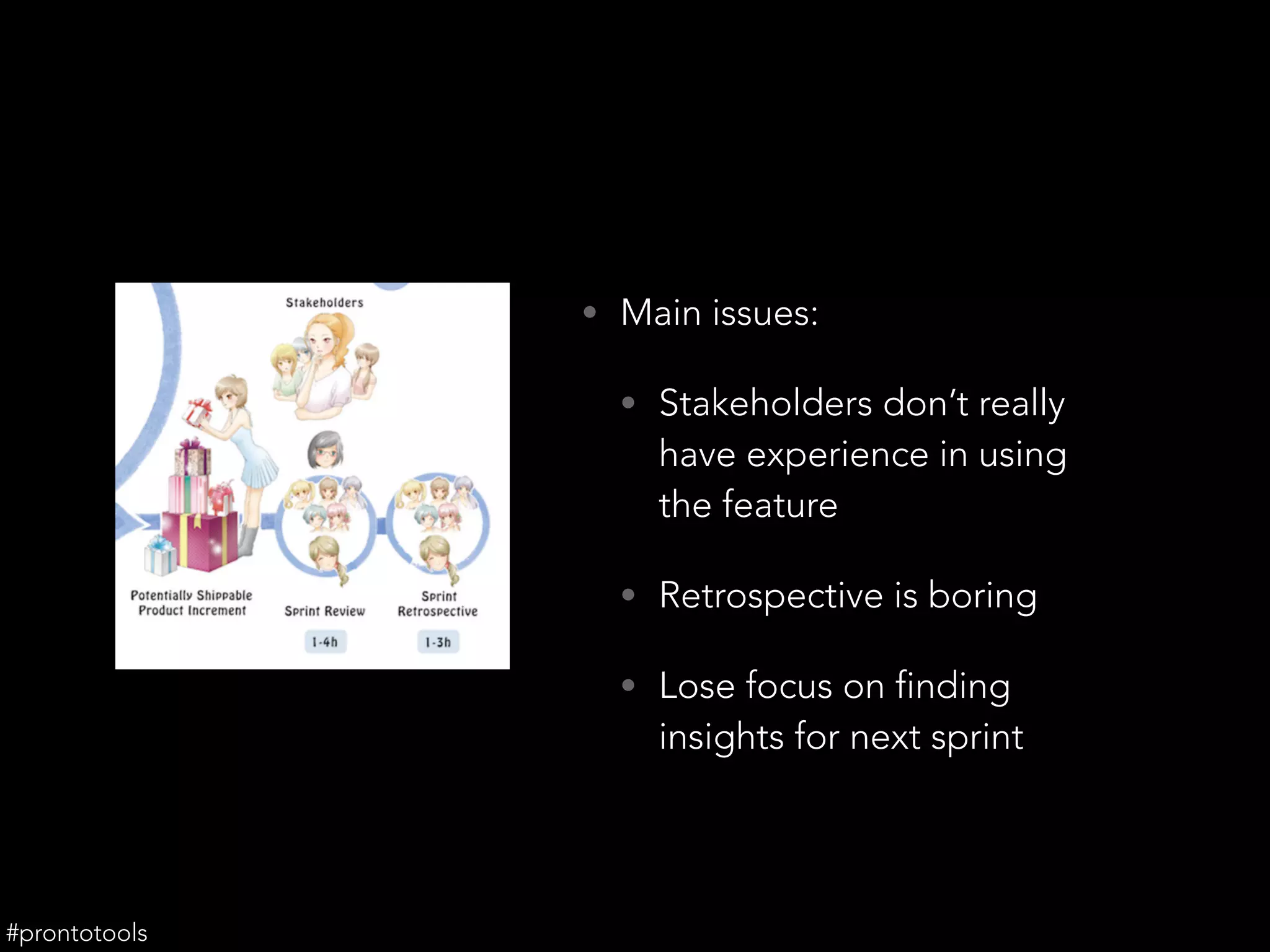 • Main issues:
• Stakeholders don’t really
have experience in using
the feature
• Retrospective is boring
• Lose focus on finding
insights for next sprint
#prontotools
 
