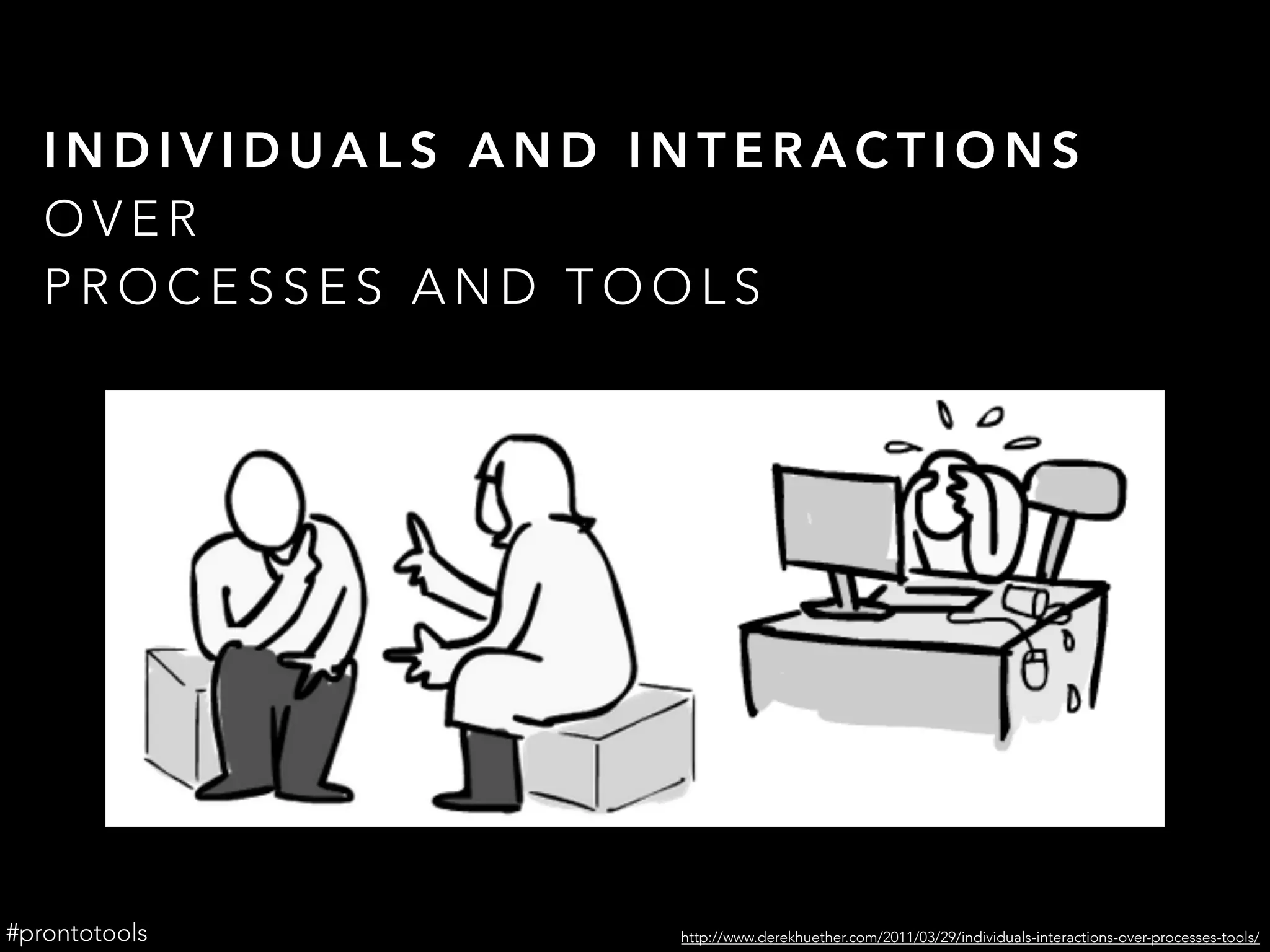 I N D I V I D U A L S A N D I N T E R A C T I O N S
O V E R
P R O C E S S E S A N D T O O L S
http://www.derekhuether.com/2011/03/29/individuals-interactions-over-processes-tools/#prontotools
 