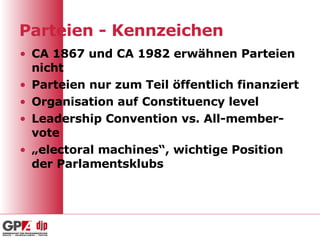 Parteien - Kennzeichen CA 1867 und CA 1982 erwähnen Parteien nicht Parteien nur zum Teil öffentlich finanziert Organisation auf Constituency level Leadership Convention vs. All-member-vote „ electoral machines“, wichtige Position der Parlamentsklubs 