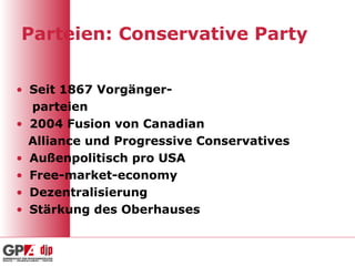 Parteien: Conservative Party Seit 1867 Vorgänger- parteien 2004 Fusion von Canadian  Alliance und Progressive Conservatives Außenpolitisch pro USA Free-market-economy Dezentralisierung Stärkung des Oberhauses 