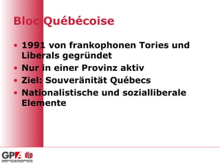 Bloc Québécoise 1991 von frankophonen Tories und Liberals gegründet Nur in einer Provinz aktiv Ziel: Souveränität Québecs Nationalistische und sozialliberale Elemente 