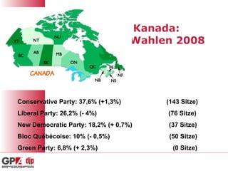 Kanada: Wahlen 2008  Conservative Party: 37,6% (+1,3%)  (143 Sitze) Liberal Party: 26,2% (- 4%)  (76 Sitze) New Democratic Party: 18,2% (+ 0,7%)  (37 Sitze) Bloc Québécoise: 10% (- 0,5%)  (50 Sitze) Green Party: 6,8% (+ 2,3%)  (0 Sitze) 