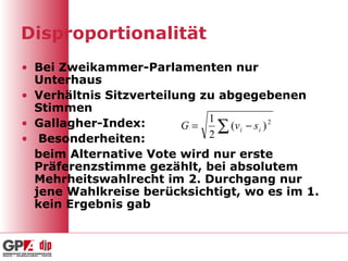 Disproportionalität Bei Zweikammer-Parlamenten nur Unterhaus Verhältnis Sitzverteilung zu abgegebenen Stimmen Gallagher-Index: Besonderheiten:  beim Alternative Vote wird nur erste Präferenzstimme gezählt, bei absolutem Mehrheitswahlrecht im 2. Durchgang nur jene Wahlkreise berücksichtigt, wo es im 1. kein Ergebnis gab 