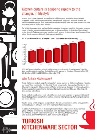 Kitchen culture is adapting rapidly to the
changes in lifestyle
In recent times, radical changes in people’s lifestyle and tastes due to urbanization, industrialization,
increases in income and consumer choices have oriented people to use more functional, attractive and
useful houseware appliances. While working with simpler kitchen tools in the past, today people prefer more
serviceable, colourful, design-based products.
trends, by keeping pace with global innovations and by closely monitoring the dynamics of domestic and
foreign demands. Turkish producers and exporters closely corcerns the domestic and global trends and have
utilized them to improve and diversify the production capabilities.
glass, porcelain, ceramic, metal and plastic kitchenware. It is proved by the values of its exports from US$
633, 8 million in 2001, to US$ 4.06 billion at the end of 2013.
Why Turkish Kitchenware?
Turkish Kitchenware products are preferred by sector’s leading countries as UK, Germany Russian Federation
and France. These markets value the reliability of Turkish companies, the dependability of their just-in-time
their overseas customers about market changes and product innovations, and the ease of travelling and
doing business within Turkey.
Turkish products have become a world-wide kitchenware trade mark, recognized by specialist retailers and
the world’s biggest chain stores for their aesthetic, functional and original design, highly competitive prices
and on time delivery.
Also, the leading Turkish companies have an effective after-sale services network both in Turkey and in the
countries they export as they are aware of the importance of after-sale services.
In addition, Turkish companies are developing their administrative and production structures and are
GOST (Russia), STANCOCERT (Ukraine), ISCIR (Romania), CO (Bulgaria).
TURKISH
KITCHENWARE SECTOR
SIX YEARS PERIOD OF KITCHENWARE EXPORT OF TURKEY (BILLION DOLLAR)
2012 201320112010200920082007
3.92
4.06
3.58
2.83
2.41
2.71
2.32
0.0
0.5
1.0
1.5
2.0
2.5
3.0
3.5
4.0
3.92
 