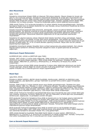 Altın Mücevherat
(gtip: 7113)
Kanada’nın mücevherat ithalatı 2008 yılı itibariyle 758 milyon dolardır. Ülkenin ithalatı bir önceki yıla
göre % 10,9 oranında artmıştır. Kanada’nın mücevherat ithalatında ilk sırada altın mücevherat’ın da
içinde bulunduğu 711319- Diğer kıymetli metal ile kaplı mücevherler bulunmaktadır. Bu ürün grubunda
Kanada 2008 yılında 654 milyon dolar ithalat gerçekleştirmiştir. İthalatın yapıldığı önemli ülkeler ABD,
Hindistan, Çin ve İtalya olmuştur. Türkiye bu sıralamada yedinci önemli tedarikçi konumundadır.
2008 yılında Türkiye 7113 grubunda Kanada’ya 14 milyon dolarlık ihracat gerçekleştirmiştir. Dünyada
kişi başına ithalat oranı en yüksek ülkelerden biri olan Kanada, dünya mücevherat ithalatında da önemli
ülkeler arasında yer almaktadır.
Kanada mücevherat pazarında talep ekonomik, demografik, sosyal ve kültürel faktörler tarafından
belirlenmektedir. Bu faktörler arasında en önemlisi kadınların harcanabilir gelir seviyesidir. Kadınların
Kanada toplumunda ekonomik ve sosyal olarak güçlenmeleri harcanabilir gelirlerinin artmasını da
beraberinde getirmiştir. Mücevherat tüketicileri çoğunlukla 20-50 yaş arasındaki kadınlardan
oluşmaktadır.
Kanada’nın bir göçmen toplumu olması itibariyle farklı tüketici tercihleri ortaya çıkmaktadır. İtalyan
asıllılar 18 ayar altını, Çin asıllılar 24 ayar altını tercih etmektedirler. Hint asıllılar ise özellikle 22 ayar
sarı altından yapılmış büyük küpe ve kolyeleri tercih etmektedirler. Kanada mücevher pazarında en çok
görülen ve talep edilen 18, 14 ve 10 karat altından yapılmış ürünlerdir. Beyaz altın ise son yıllarda
popülerleşmeye başlamıştır.
Kanada’da mücevherat satışları Sevgililer Günü ve Noel zamanında artış göstermektedir. Son yıllarda
Noel’de hediye kartlarının verilmesi mücevher satışlarının Ocak ve Şubat aylarında da artmasını
sağlamıştır.
Alüminyum İnşaat Malzemeleri
ALÜMİNYUM SAC, LEVHA ve ŞERİTLER (gtip:7606)
Kanada, 2007 yılında 1,5 milyar dolar değerinde, 2008 yılında ise 1,4 milyar dolar değerinde
alüminyum sac,levha ithalatı yapmıştır. 2008 yılında ithalat %5 azalmıştır. İthalatta ilk beş ülke ve
pazar payları; ABD(%87,4), Çin(%3,1), Almanya(%2), G. Afrika(%1) ve Rusya (%1) olarak
sıralanmıştır.
Türkiye söz konusu üründe 2008 yılında Kanada’ya 5 milyon dolar değerinde alüminyum sac-levha
ihracatı yapmıştır. İhracat değeri bir önceki yıla göre %30 artış göstermiştir. Kanada Türkiye’den
yapılan ihracatta %0-5 arasında gümrük vergisi uygulamaktadır.

Beyaz Eşya
(gtip:8422, 8418)
Kanada ev aletleri sektörü; ağırlıklı olarak buzdolabı, dondurucular, elektrikli ve elektriksiz ocak,
bulaşık makinesi, çöp öğütücüleri, çamaşır makineleri ve portatif klima üretimi yapan firmalardan
oluşmaktadır.
Kanada, 2008 yılında 2,2 milyar dolarlık beyaz eşya ithalatı gerçekleştirmiştir. İthalatta öne çıkan
tedarikçi ülkeler; ABD, Çin, Meksika, G. Kore, ve Almanya olmuştur. Kanada’nın beyaz eşya ithalatında
öne çıkan ürünlerden bazıları ve ithalat değerleri; soğutucu-dondurucular (gtip:841810) -563 milyon
dolar, elektrikli fırınlar (gtip:851660) -402 milyon dolar, gazlı ocaklar (gtip:732111) -256 milyon dolar
ve bulaşık yıkama makineleri (gtip:842211) -220 milyon dolar olarak sıralanmıştır.
2008 yılında Türkiye’nin Kanada’ya gerçekleştirdiği beyaz eşya ihracatında öne çıkan ürünler 8422 gtip
nolu (yıkama, temizleme, kurutma, doldurma vb. isler için makineler) ve 8418 gtip nolu (buzdolapları,
dondurucular, soğutucular, ısı pompaları) ürünler olmuştur.
8422 grubunda Türkiye’nin Kanada’ya ihraç ettiği en önemli ürün ev tipi bulaşık yıkama makineleridir
(gtip:842211). 8422 grubunda Türkiye’nin ihracatı 2007-2008 yılları arasında %68,2 artarken,
Kanada’nın dünyadan ithalatı %5,6 artış göstermiştir. 2008 yılında Kanada’nın bulaşık yıkama makinesi
ithal ettiği önemli ülkeler ve pazar payları ABD(%55,9), Almanya(%13,1), İtalya(%8,2),
Japonya(%2,8) ve Fransa(%2,5) olarak sıralanmıştır. Kanada, Türkiye’den ithal edilen bulaşık yıkama
makinelerine gümrük vergisi almamaktadır.
8418 grubunda Türkiye’nin Kanada’ya ihraç ettiği en önemli ürün ev tipi buzdolabı olmuştur.
Türkiye’nin ihracat değeri 2007-2008 yılları arasında büyük artış göstererek 8 milyon dolara ulaşmıştır.
Aynı dönemde Kanada’nın dünyadan ithalatı %4,1 artış göstermiştir.
2008 yılında Kanada’nın buzdolabı ithal ettiği önemli ülkeler ve pazar payları; ABD(%63,4),
Meksika(%17,1), Çin(%9,7), G. Kore(%2,9) ve İtalya(%1,4) olarak sıralanmıştır. Kanada, Türkiye’den
ithal edilen buzdolaplarında %0–5 arasında gümrük vergisi uygulamaktadır.

Cam ve Seramik İnşaat Malzemeleri
Kanada Ülke Raporu

37 / 43

Yasal Uyarı : Kaynak gösterilmek kaydı ile alıntı yapılabilir. Dokümanın her hangi bir yöntemle çoğaltılması ve/veya basılı ya da elektronik her hangi bir
ortamda dağıtımı yasaktır.

 