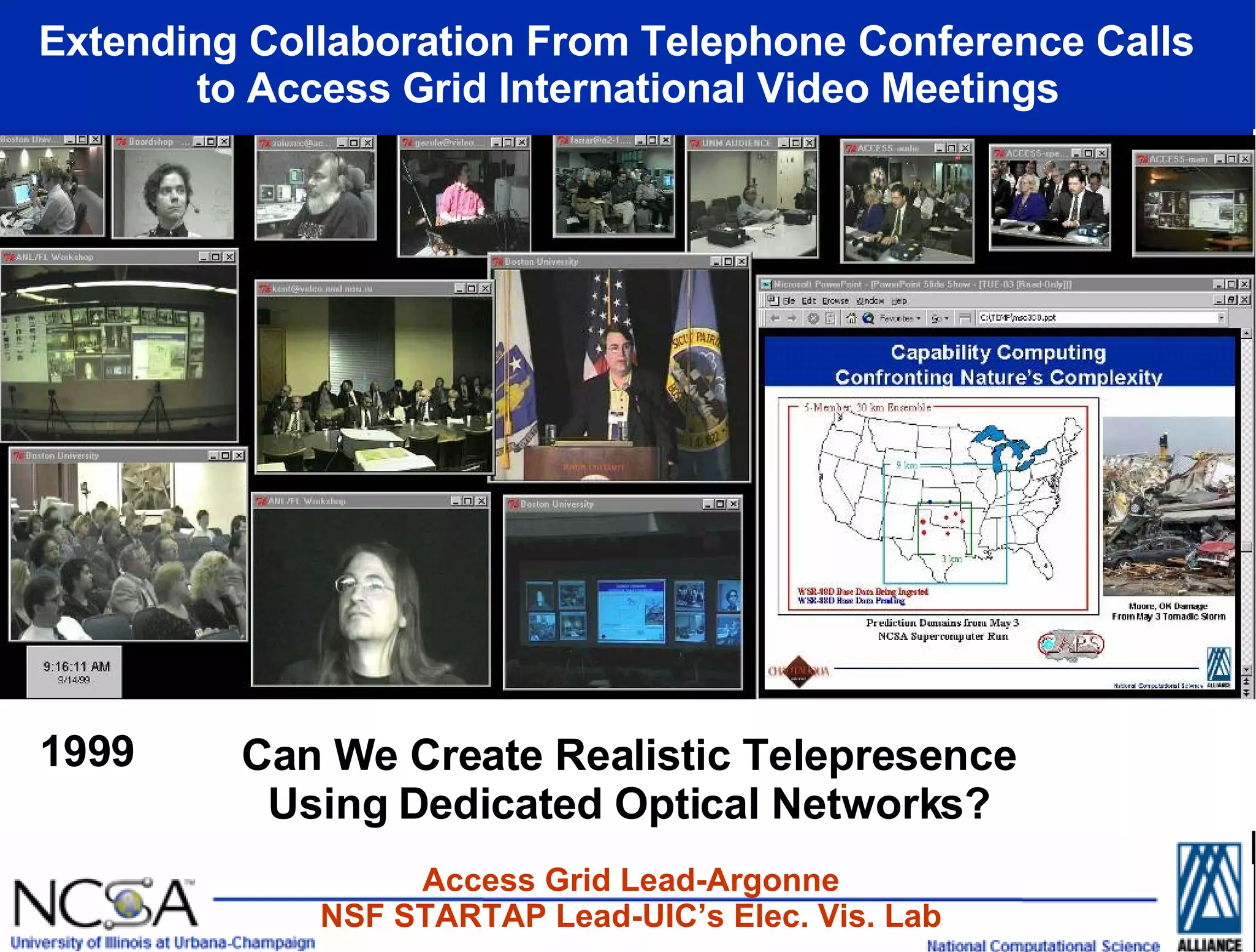 Extending Collaboration From Telephone Conference Calls  to Access Grid International Video Meetings Access Grid Lead-Argonne NSF STARTAP Lead-UIC’s Elec. Vis. Lab Can We Create Realistic Telepresence Using Dedicated Optical Networks? 1999 