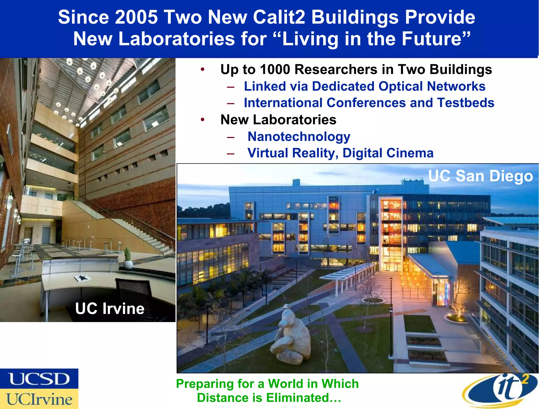 Since 2005 Two New Calit2 Buildings Provide   New Laboratories for “Living in the Future” Up to 1000 Researchers in Two Buildings Linked via Dedicated Optical Networks International Conferences and Testbeds New Laboratories Nanotechnology Virtual Reality, Digital Cinema UC Irvine Preparing for a World in Which  Distance is Eliminated… UC San Diego 