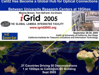 September 26-30, 2005 Calit2 @ University of California, San Diego California Institute for Telecommunications and Information Technology Calit2 Has Become a Global Hub for Optical Connections  Between University Research Centers at 10Gbps T   H   E  G   L   O   B   A   L  L   A   M   B   D   A  I   N   T   E   G   R   A   T   E   D  F   A   C   I   L   I   T   Y   Maxine Brown, Tom DeFanti, Co-Chairs www.igrid2005.org 21 Countries Driving 50 Demonstrations 1 or 10Gbps to Calit2@UCSD Building Sept 2005 i Grid  2005 