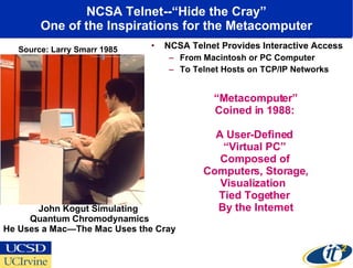 NCSA Telnet--“Hide the Cray” One of the Inspirations for the Metacomputer NCSA Telnet Provides Interactive Access  From Macintosh or PC Computer  To Telnet Hosts on TCP/IP Networks John Kogut Simulating  Quantum Chromodynamics He Uses a Mac—The Mac Uses the Cray Source: Larry Smarr 1985 “ Metacomputer” Coined in 1988:  A User-Defined  “Virtual PC”  Composed of  Computers, Storage, Visualization  Tied Together  By the Internet 