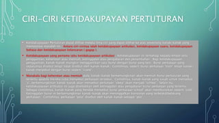 CIRI-CIRI KETIDAKUPAYAN PERTUTURAN
• Ketidakupayaan Pertuturan dapat dilihat melalui lima ciri yang dapat dilihat ke atas seseorang kanak-kanak yang
mempunyai masalah ini. Antara ciri-cirinya ialah ketidakupayaan artikulasi, ketidakupayaan suara, ketidakupayaan
bahasa dan ketidakupayaan kelancaran ( gagap ).
• Ketidakupayaan yang pertama iaitu ketidakupayaan artikulasi. Ketidakupayaan ini terbahagi kepada empat iaitu
penggantian, keherotan atau memiuh, ketinggalan atau pengabaian dan penambahan. Bagi ketidakupayaan
penggantian, kanak-kanak mungkin menggantikan satu bunyi dengan bunyi yang lain. Bunyi perkataan yang
sepatutnya disebut tetapi tidak disebut oleh kanak-kanak. Contohnya, seperti bunyi perkataan ‘train’ tetapi kanak-
kanak menyebut dengan bunyi seperti ‘crane’.
• Manakala bagi keherotan atau memiuh pula, kanak-kanak berkemungkinan akan memiuh bunyi pertuturan yang
tertentu apabila mereka cuba menyebut perkataan tersebut. Contohnya, kanak-kanak yang susah untuk menyebut
‘s’, berkemungkinan kanak-kanak akan menyebut perkataan ‘sleep’ akan menjadi ‘schlep’. Selain itu,
ketidakupayaan artikulasi ini juga disebabkan oleh ketinggalan atau pengabaian bunyi perkataan yang tertentu.
Sebagai contohnya, kanak-kanak yang hendak menyebut bunyi perkataan school’ akan membunyikan seperti ‘cool’.
Ketinggalan bunyi ni berkemungkinan kanak-kanak akan meninggalkan konsonan yang terletakdibelakang
perkataan. Contohnya, perkataan ‘post’ disebut oleh kanak-kanak sebagai ‘pos’.
 