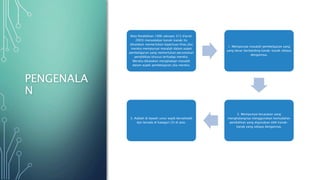 PENGENALA
N
Akta Pendidikan 1996 seksyen 312 (Farrel.
2003) menyatakan kanak-kanak itu
dikatakan memerlukan keperluan khas jika
mereka mempunyai masalah dalam aspek
pembelajaran yang memerlukan peruntukan
pendidikan khusus terhadap mereka.
Mereka dikatakan menghadapi masalah
dalam aspek pembelajaran jika mereka:
1. Mempunyai masalah pembelajaran yang
yang besar berbanding kanak-kanak sebaya
dengannya,
2. Mempunyai kecacatan yang
menghalangnya menggunakan kemudahan
pendidikan yang digunakan oleh kanak-
kanak yang sebaya dengannya.
3. Adalah di bawah umur wajib bersekolah
dan berada di kategori (2) di atas.
 