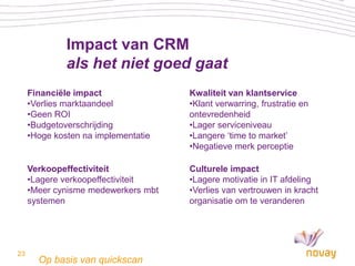 Impact van CRM
              als het niet goed gaat
     Financiële impact               Kwaliteit van klantservice
     •Verlies marktaandeel           •Klant verwarring, frustratie en
     •Geen ROI                       ontevredenheid
     •Budgetoverschrijding           •Lager serviceniveau
     •Hoge kosten na implementatie   •Langere ‘time to market’
                                     •Negatieve merk perceptie

     Verkoopeffectiviteit            Culturele impact
     •Lagere verkoopeffectiviteit    •Lagere motivatie in IT afdeling
     •Meer cynisme medewerkers mbt   •Verlies van vertrouwen in kracht
     systemen                        organisatie om te veranderen




23
       Op basis van quickscan
 