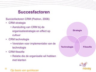 Succesfactoren
Succesfactoren CRM (Pedron, 2008)
• CRM strategie
     • Aansluiting van CRM bij de
       organisatiestrategie en effect op                 Strategie

       cultuur
• CRM technologie
     • Vereisten voor implementatie van de
       technologie                             Technologie           Filosofie

• CRM filosofie
     • Relatie die de organisatie wil hebben
       met klanten


32
     Op basis van quickscan
 
