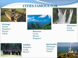 CITIES FAMOUS FOR
Heritage
Hampi
Bangalore
Mysore
Aihole
Adventure
Coorg
Gokarna
Spirituality
Bylekuppe
Gokarna
Hampi
Romance
Coorg
Mysore
Bangalore
Wildlife
Bangalore
Coorg
Mysore
 