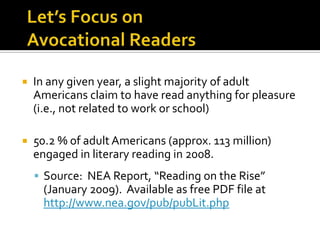 Situational  ReadingSchoolWorkAvocational(Reading for Pleasure)Incidental