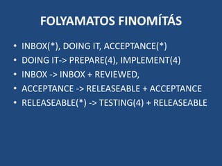 FOLYAMATOS FINOMÍTÁS
•   INBOX(*), DOING IT, ACCEPTANCE(*)
•   DOING IT-> PREPARE(4), IMPLEMENT(4)
•   INBOX -> INBOX + REVIEWED,
•   ACCEPTANCE -> RELEASEABLE + ACCEPTANCE
•   RELEASEABLE(*) -> TESTING(4) + RELEASEABLE
 