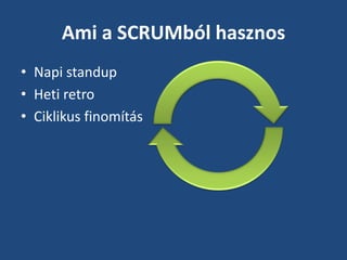 Ami a SCRUMból hasznos
• Napi standup
• Heti retro
• Ciklikus finomítás
 