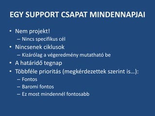 EGY SUPPORT CSAPAT MINDENNAPJAI
• Nem projekt!
  – Nincs specifikus cél
• Nincsenek ciklusok
  – Kizárólag a végeredmény mutatható be
• A határidő tegnap
• Többféle prioritás (megkérdezettek szerint is…):
  – Fontos
  – Baromi fontos
  – Ez most mindennél fontosabb
 