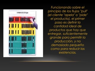 Funcionando sobre el
principio de los flujos "pull"
(el cliente "apela" o "pide"
el producto), el primer
paso es definir la
cantidad ideal de
productos que hay que
entregar, suficientemente
grande para permitir la
producción, y no
demasiado pequeño
como para reducir las
existencias.
 