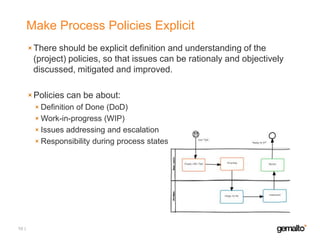 Make Process Policies Explicit
There should be explicit definition and understanding of the
(project) policies, so that issues can be rationaly and objectively
discussed, mitigated and improved.

Policies can be about:
Definition of Done (DoD)
Work-in-progress (WIP)
Issues addressing and escalation
Responsibility during process states

10

 