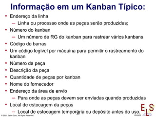 29
© 2001, Eaton Corp., All Rights Reserved 29/04/02
• Endereço da linha
– Linha ou processo onde as peças serão produzidas;
• Número do kanban
– Um número de RG do kanban para rastrear vários kanbans
• Código de barras
• Um código legível por máquina para permitir o rastreamento do
kanban
• Número da peça
• Descrição da peça
• Quantidade de peças por kanban
• Nome do fornecedor
• Endereço da área de envio
– Para onde as peças devem ser enviadas quando produzidas
• Local de estocagem da peças
– Local de estocagem temporária ou depósito antes do uso.
Informação em um Kanban Típico:
 