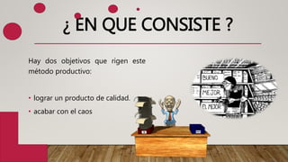¿ EN QUE CONSISTE ?
Hay dos objetivos que rigen este
método productivo:
• lograr un producto de calidad.
• acabar con el caos
 