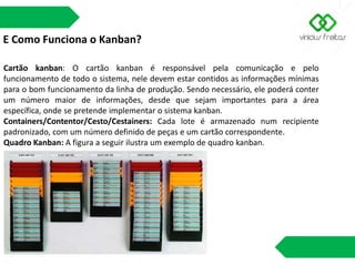 E Como Funciona o Kanban?
Cartão kanban: O cartão kanban é responsável pela comunicação e pelo
funcionamento de todo o sistema, nele devem estar contidos as informações mínimas
para o bom funcionamento da linha de produção. Sendo necessário, ele poderá conter
um número maior de informações, desde que sejam importantes para a área
específica, onde se pretende implementar o sistema kanban.
Containers/Contentor/Cesto/Cestainers: Cada lote é armazenado num recipiente
padronizado, com um número definido de peças e um cartão correspondente.
Quadro Kanban: A figura a seguir ilustra um exemplo de quadro kanban.
 
