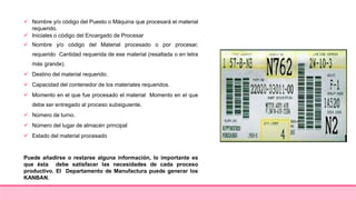  Nombre y/o código del Puesto o Máquina que procesará el material
requerido.
 Iniciales o código del Encargado de Procesar
 Nombre y/o código del Material procesado o por procesar,
requerido Cantidad requerida de ese material (resaltada o en letra
más grande).
 Destino del material requerido.
 Capacidad del contenedor de los materiales requeridos.
 Momento en el que fue procesado el material Momento en el que
debe ser entregado al proceso subsiguiente.
 Número de turno.
 Número del lugar de almacén principal
 Estado del material procesado
Puede añadirse o restarse alguna información, lo importante es
que ésta debe satisfacer las necesidades de cada proceso
productivo. El Departamento de Manufactura puede generar los
KANBAN.
 