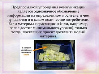 Предпосылкой упрощения коммуникации
является однозначное обозначение
информации на определенном носителе, в чем
нуждаются и в каком количестве потребители.
Если материал израсходован (или, например,
запас достиг минимального уровня), только
тогда, поставщик просит доставить новый
материал.
 