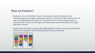 Was ist Kanban?
▪ Kanban ist ein sehr flexibler Ansatz. Die einzelnen Spalten können an die
Anforderungen des Projekts angepasst werden. In manchen Fällen eignen sich vier-
oder fünfspaltige Boards besser, um alle Stufen des Entwicklungsprozesses zu
erfassen oder müssen für die eigenenArbeitsweisen passendere Bezeichnungen
gefunden werden.
▪ Kanban Boards können analog oder digital geführt werden. Auch eine kombinierte
Nutzung von digitalenTools und physischem Board ist denkbar.
 