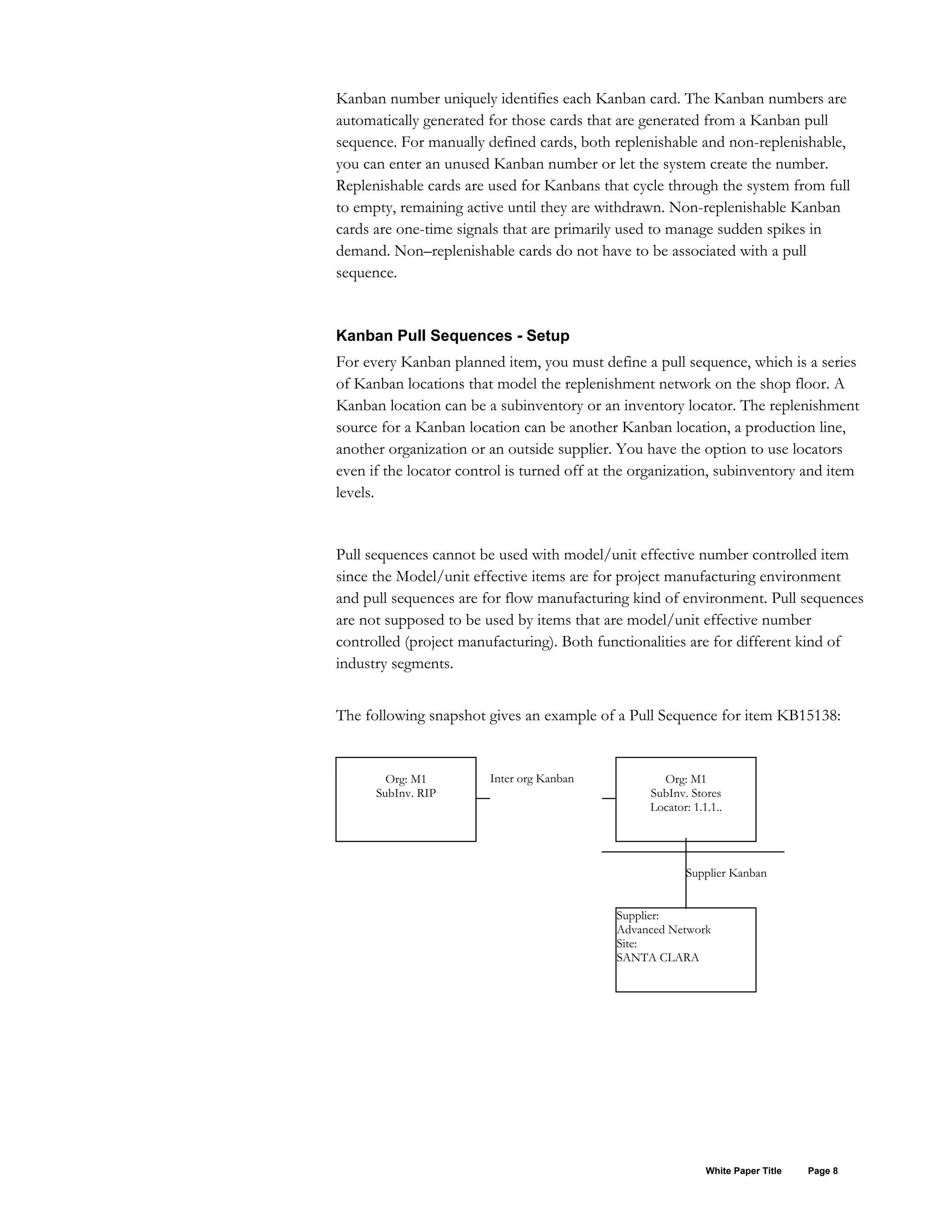 Kanban number uniquely identifies each Kanban card. The Kanban numbers are
automatically generated for those cards that are generated from a Kanban pull
sequence. For manually defined cards, both replenishable and non-replenishable,
you can enter an unused Kanban number or let the system create the number.
Replenishable cards are used for Kanbans that cycle through the system from full
to empty, remaining active until they are withdrawn. Non-replenishable Kanban
cards are one-time signals that are primarily used to manage sudden spikes in
demand. Non–replenishable cards do not have to be associated with a pull
sequence.
Kanban Pull Sequences - Setup
For every Kanban planned item, you must define a pull sequence, which is a series
of Kanban locations that model the replenishment network on the shop floor. A
Kanban location can be a subinventory or an inventory locator. The replenishment
source for a Kanban location can be another Kanban location, a production line,
another organization or an outside supplier. You have the option to use locators
even if the locator control is turned off at the organization, subinventory and item
levels.
Pull sequences cannot be used with model/unit effective number controlled item
since the Model/unit effective items are for project manufacturing environment
and pull sequences are for flow manufacturing kind of environment. Pull sequences
are not supposed to be used by items that are model/unit effective number
controlled (project manufacturing). Both functionalities are for different kind of
industry segments.
The following snapshot gives an example of a Pull Sequence for item KB15138:
Supplier Kanban
Supplier:
Advanced Network
Site:
SANTA CLARA
Org: M1
SubInv. Stores
Locator: 1.1.1..
Inter org KanbanOrg: M1
SubInv. RIP
White Paper Title Page 8
 