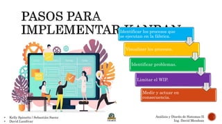 Identificar los procesos que
se ejecutan en la fábrica.
Visualizar los procesos.
Identificar problemas.
Limitar el WIP.
Medir y actuar en
consecuencia.
• Kelly Spinatto / Sebastián Saenz
• David Landívar
Análisis y Diseño de Sistemas II
Ing. David Mendoza
 