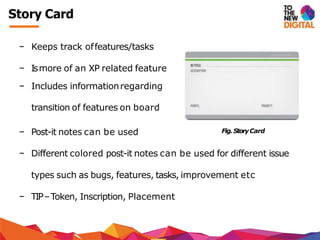 − Keeps track offeatures/tasks
− Ismore of an XP related feature
− Includes informationregarding
transition of features on board
− Post-it notes can be used
− Different colored post-it notes can be used for different issue
types such as bugs, features, tasks, improvement etc
− TIP–Token, Inscription, Placement
Fig.StoryCard
Story Card
 