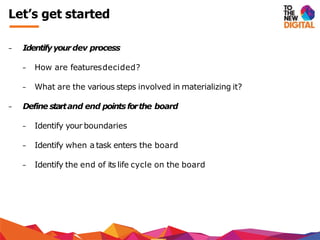 − Identifyyourdev process
− How are featuresdecided?
− What are the various steps involved in materializing it?
− Define startand end pointsforthe board
− Identify your boundaries
− Identify when a task enters the board
− Identify the end of its life cycle on the board
Let’s get started
 