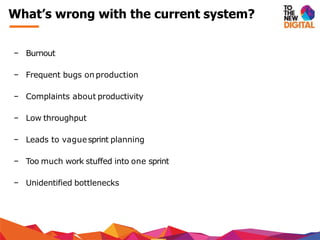 − Burnout
− Frequent bugs on production
− Complaints about productivity
− Low throughput
− Leads to vaguesprint planning
− Too much work stuffed into one sprint
− Unidentified bottlenecks
What’s wrong with the current system?
 