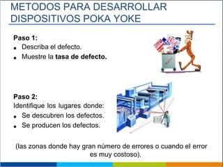 Paso 1:
Describa el defecto.
Muestre la tasa de defecto.
Paso 2:
Identifique los lugares donde:
Se descubren los defectos.
Se producen los defectos.
(las zonas donde hay gran número de errores o cuando el error
es muy costoso).
METODOS PARA DESARROLLAR
DISPOSITIVOS POKA YOKE
 