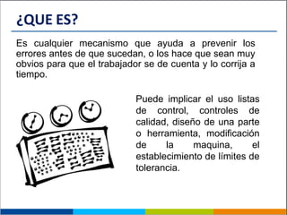 Es cualquier mecanismo que ayuda a prevenir los
errores antes de que sucedan, o los hace que sean muy
obvios para que el trabajador se de cuenta y lo corrija a
tiempo.
Puede implicar el uso listas
de control, controles de
calidad, diseño de una parte
o herramienta, modificación
de la maquina, el
establecimiento de límites de
tolerancia.
¿QUE ES?
 