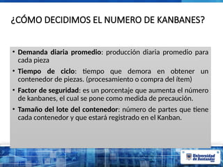 ¿CÓMO DECIDIMOS EL NUMERO DE KANBANES?
• Demanda diaria promedio: producción diaria promedio para
cada pieza
• Tiempo de ciclo: tiempo que demora en obtener un
contenedor de piezas. (procesamiento o compra del ítem)
• Factor de seguridad: es un porcentaje que aumenta el número
de kanbanes, el cual se pone como medida de precaución.
• Tamaño del lote del contenedor: número de partes que tiene
cada contenedor y que estará registrado en el Kanban.
 