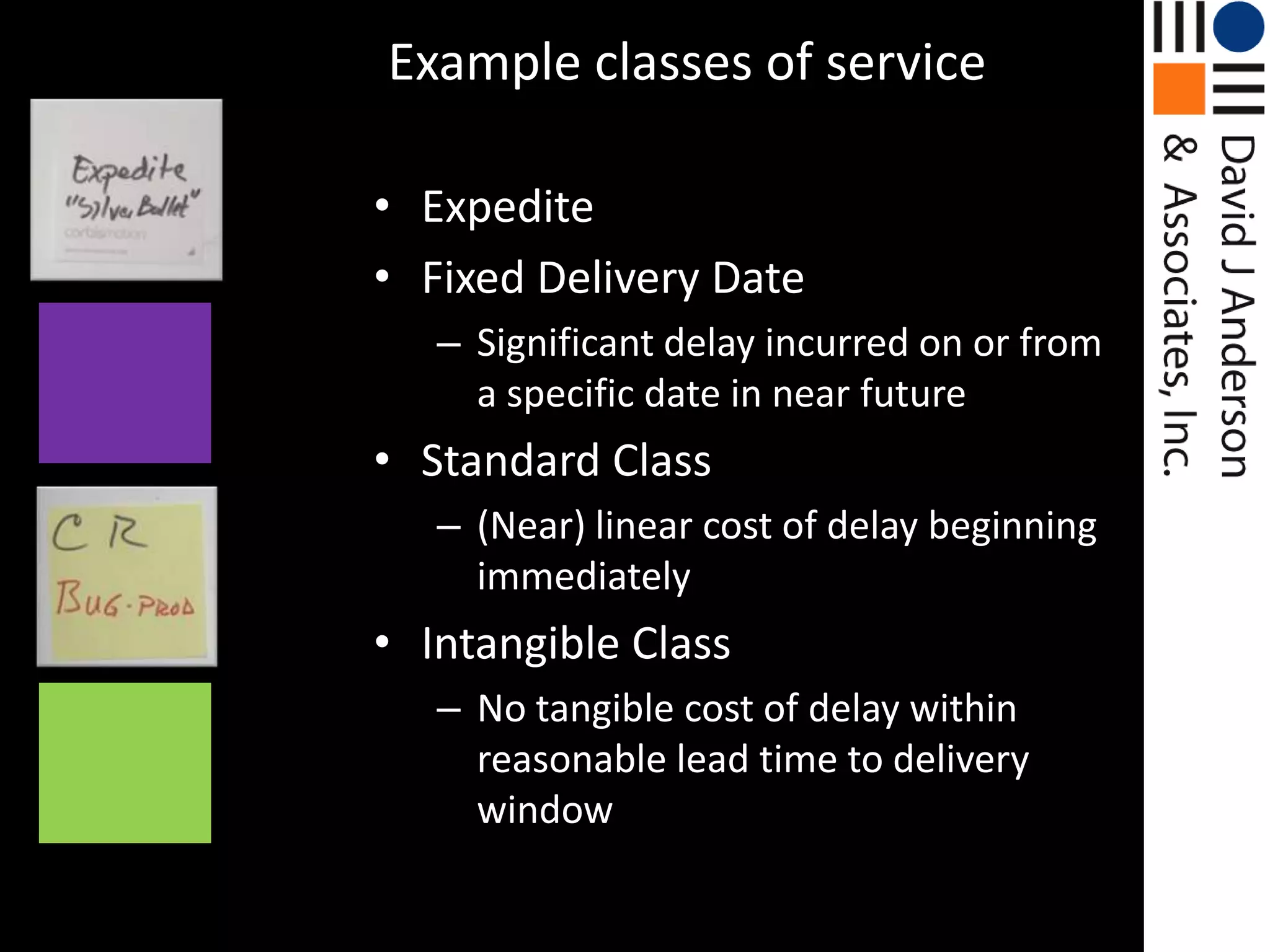Example classes of serviceExpediteFixed Delivery DateSignificant delay incurred on or from a specific date in near futureStandard Class(Near) linear cost of delay beginning immediatelyIntangible ClassNo tangible cost of delay within reasonable lead time to delivery window