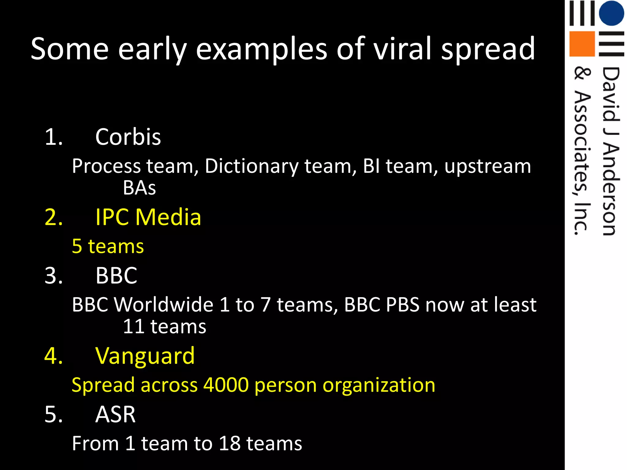 Some early examples of viral spreadCorbisProcess team, Dictionary team, BI team, upstream BAsIPC Media5 teamsBBCBBC Worldwide 1 to 7 teams, BBC PBS now at least 11 teamsVanguardSpread across 4000 person organizationASRFrom 1 team to 18 teams