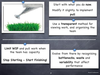 Start with what you do now.
                                       Modify it slightly to implement
                                                     pull


                                     Use a transparent method for
                                   viewing work, and organising the
                                                 team




 Limit WIP and pull work when
     the team has capacity.
                                       Evolve from there by recognising
                                            bottlenecks, waste and
Stop Starting - Start Finishing!
                                            variability that affect
                                                 performance

                                                                  David Anderson
                                   3
 