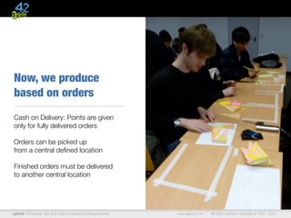 Now, we produce
based on orders
Cash on Delivery: Points are given
only for fully delivered orders

Orders can be picked up
from a central deﬁned location

Finished orders must be delivered
to another central location




agile42 | We advise, train and coach companies building software   www.agile42.com |   All rights reserved. Copyright © 2007 - 2012.
 